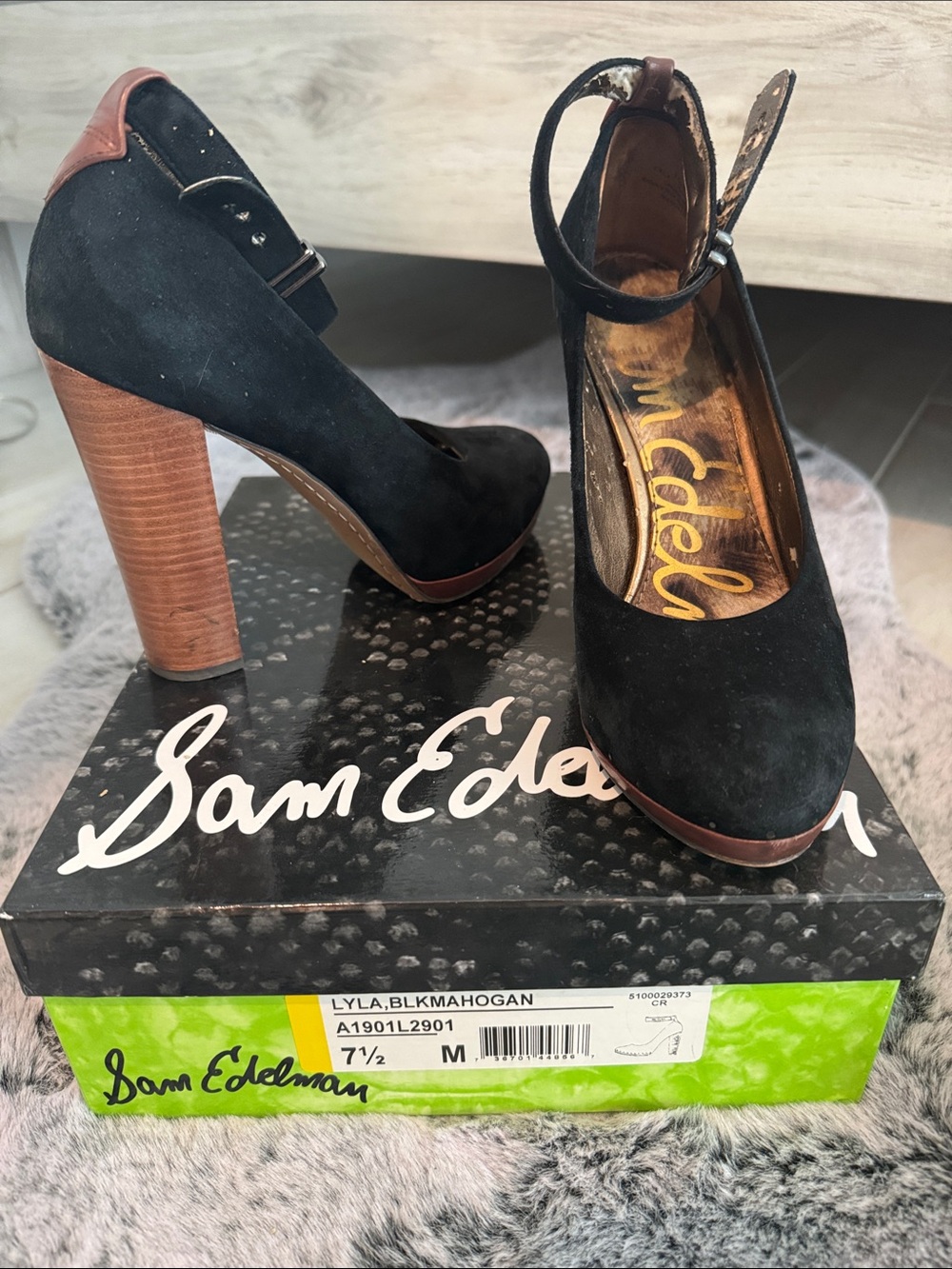 Sam Edelman Lyla Black Suede Round-Toe Ankle Strap Pumps with Mahogany Heel